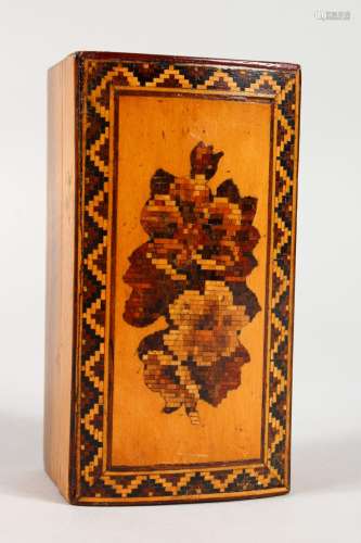 A TUNBRIDGE WARE MARQUETRY BOX, with domed top. 3.75ins long.