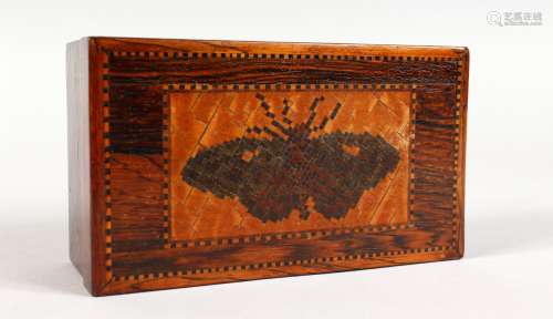 A TUNBRIDGE WARE MARQUETRY BOX, the lid with a butterfly. 4.5ins long.