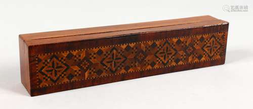 A LONG TUNBRIDGE WARE PARQUETRY BOX. 7.5ins long x 1.5ins deep.