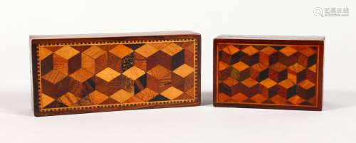 TWO TUNBRIDGE WARE PARQUETRY BOXES. 4ins and 2.5ins long (2).