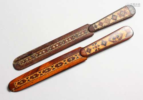 TWO TUNBRIDGE WARE PARQUETRY PAPER KNIVES. 7.5ins long.