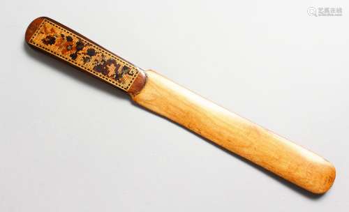 A LARGE TUNBRIDGE WARE MARQUETRY PAPER KNIFE. 10ins long.