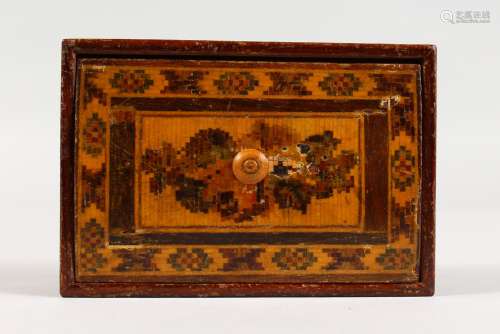 A TUNBRIDGE WARE BOX, with marquetry lid. 3.5ins long.