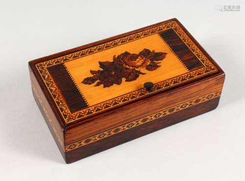 A TUNBRIDGE WARE RECTANGULAR MARQUETRY BOX, with hinged lid. 5.5ins long.