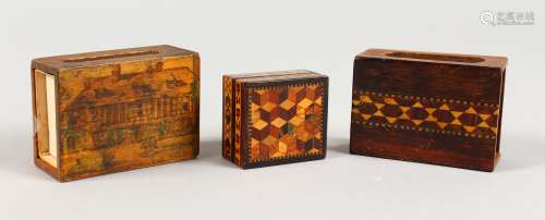 THREE SMALL TUNBRIDGE WARE MARQUETRY AND PARQUETRY ITEMS. One lidded box and two matchbox holders.