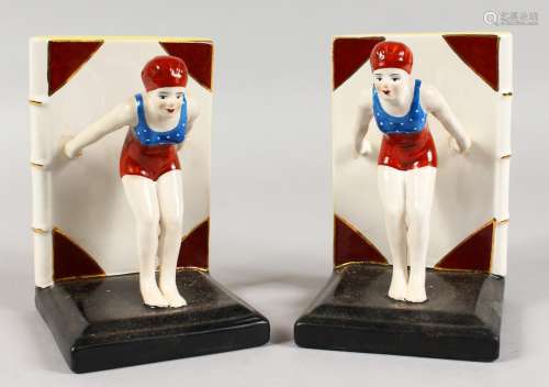 A PAIR OF DECO DESIGN LADY SWIMMER BOOKENDS. 6ins high.