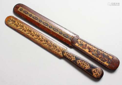 TWO TUNBRIDGE WARE PARQUETRY PAPER KNIVES. 10ins long.