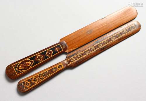 TWO TUNBRIDGE WARE PARQUETRY PAPER KNIVES. 7ins long.