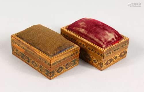 TWO TUNBRIDGE WARE PARQUETRY PIN BOXES, with padded tops. 2.75ins long.