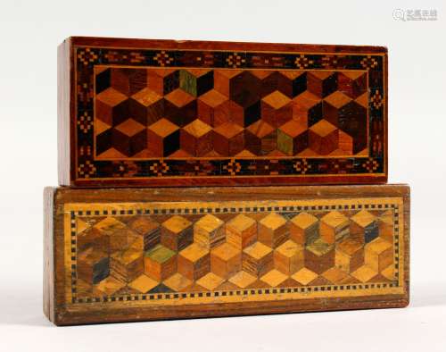 TWO TUNBRIDGE WARE LONG BOXES, with parquetry inlaid top. 3.75ins long and 4.5ins long.