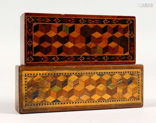 TWO TUNBRIDGE WARE LONG BOXES, with parquetry inlaid top. 3.75ins long and 4.5ins long.