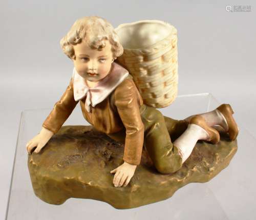ROYAL DUX, A PORCELAIN JARDINIERE MODELLED AS A CROUCHING BOY WITH A BASKET ON HIS BACK. Impressed