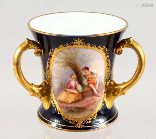 A VIENNA BLUE GROUND TYG, with gilt handle and painted with three classical scenes. 6ins high.