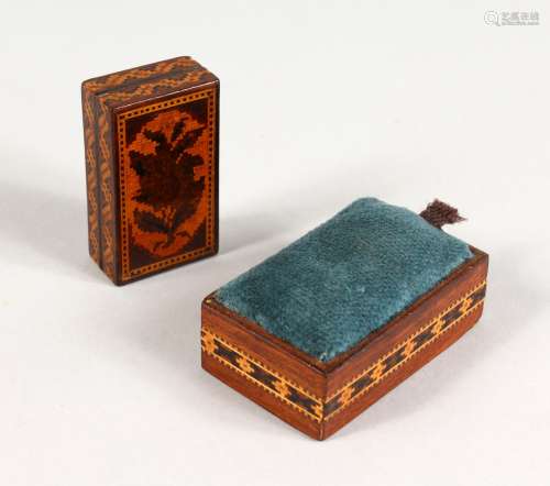 A SMALL TUNBRIDGE WARE MARQUETRY AND PARQUETRY BOX, 2.25ins long, and A PARQUETRY PIN BOX, with blue