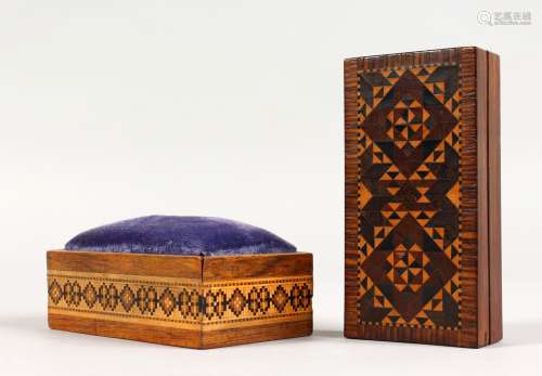A TUNBRIDGE WARE PARQUETRY BOX and A PIN BOX, with blue velvet top. 4ins long and 3.5ins long (2).