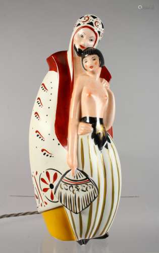 AN UNUSUAL LIMOGES PORCELAIN TABLE LAMP, modelled as a man embracing a semi-nude female. 12.5ins