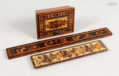 A TUNBRIDGE WARE PARQUETRY AND MARQUETRY BOX, with hinged lid, 3.25ins, and two rulers, 6ins and