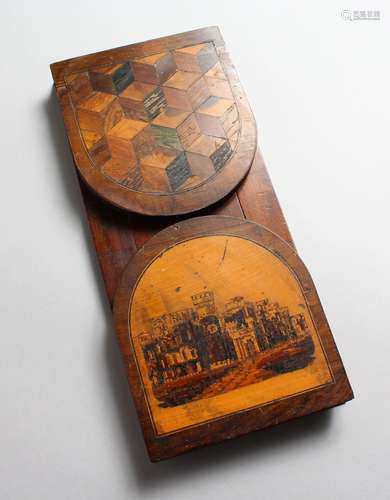 A TUNBRIDGE WARE SLIDING BOOK STAND, the folding sides decorated with parquetry to one side, the