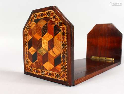 A TUNBRIDGE WARE SLIDING BOOK STAND, the folding sides with parquetry, the other inlaid with a rose.