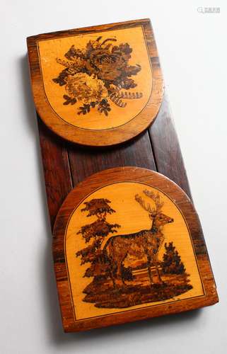 A TUNBRIDGE WARE SLIDING BOOK STAND, the folding sides with a sprig of flowers, the other a deer.