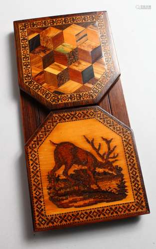 A TUNBRIDGE WARE SLIDING BOOK STAND, the folding sides with a parquetry design, the other a deer.