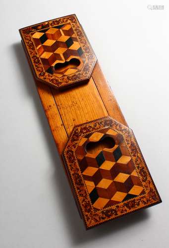 A LONG TUNBRIDGE WARE SLIDING BOOK STAND, the folding sides both with parquetry inlay. 15.25ins