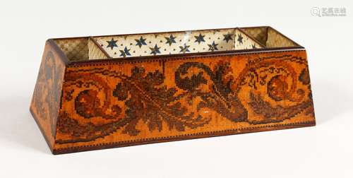 A TUNBRIDGE WARE MARQUETRY INLAID DESK TRAY, with three compartments. 8.5ins long.