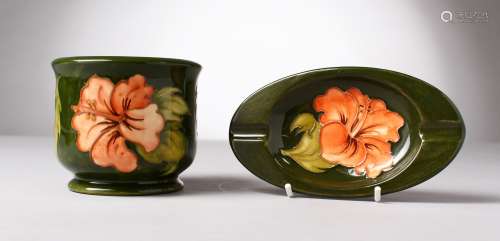 A W. MOORCROFT GREEN GROUND ASHTRAY, Printed Label, 6.25ins long, and A JARDINIERE, 4ins