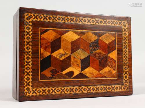 A TUNBRIDGE WARE PARQUETRY INLAID BOX, with hinged lid. 7ins long.