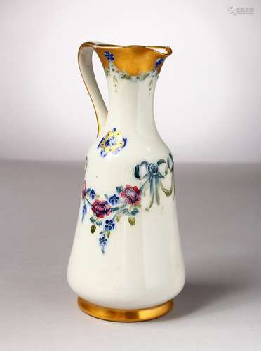 A MOORCROFT POTTERY MACINTYRE JUG, No. 2528, white ground, gilt ground with forget-me-nots. Script