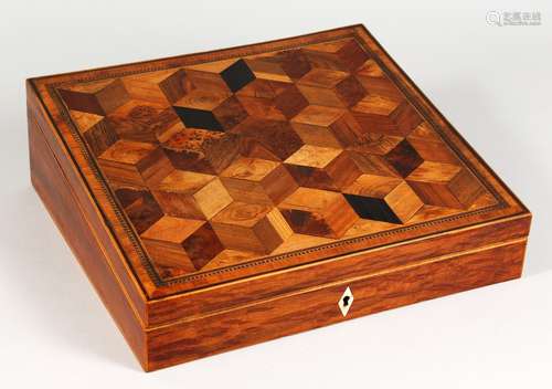 A GOOD TUNBRIDGE WARE PARQUETRY WRITING DESK, with sloping top with parquetry inlay and opening to