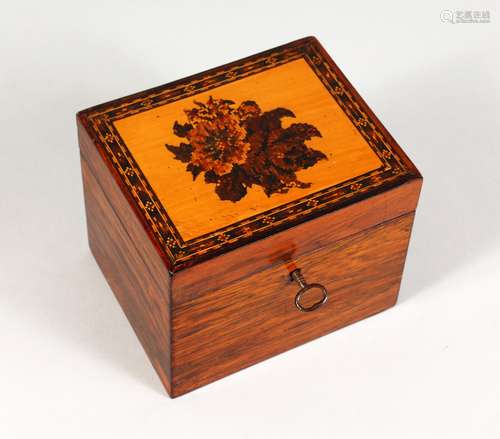 A GOOD TUNBRIDGE WARE MARQUETRY TEA CADDY, the hinged top inlaid with flowers. 5.25ins long x 4ins