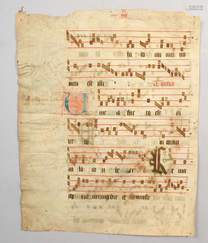 AN EARLY PIECE OF MUSIC, painted on vellum. 14ins x 11.5ins.