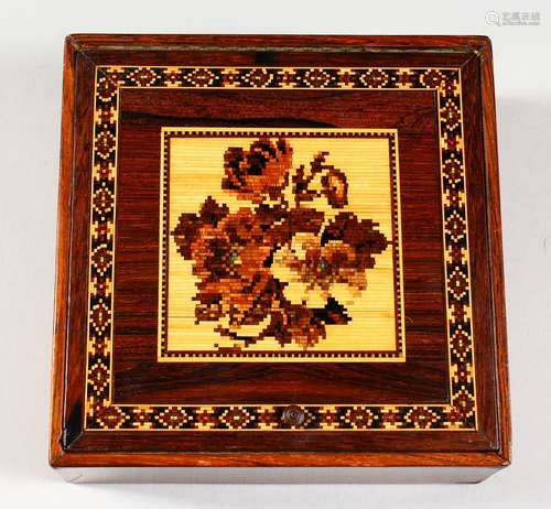 A TUNBRIDGE WARE SQUARE MARQUETRY BOX, the hinged top inlaid with roses. 6ins square.