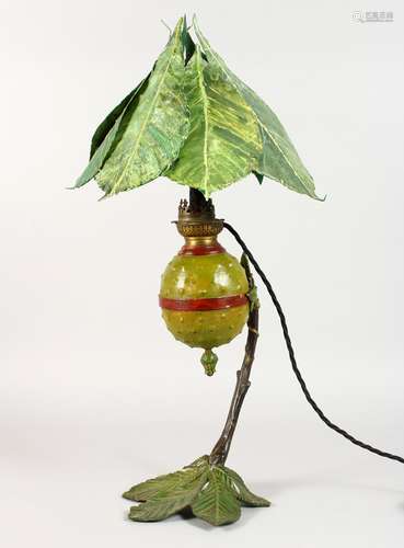 A HIGHLY UNUSUAL COLD PAINTED BRONZE TABLE LAMP, in the form of a conker, with leaf shade and