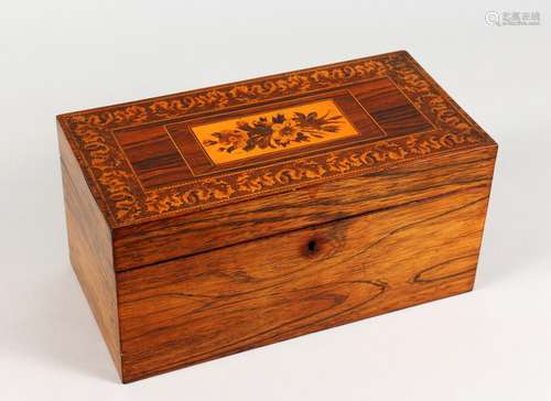 A LARGE GOOD TUNBRIDGE WARE TEA CADDY, the hinged top inlaid with flowers and parquetry and