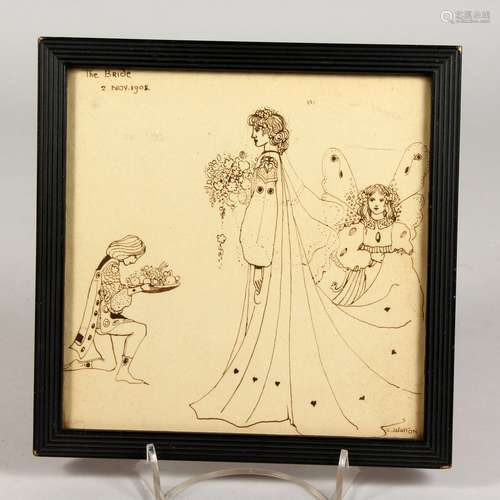 CECILE WALTON, a small ink sketch of a lady receiving an offering, a fairy by her side, signed and