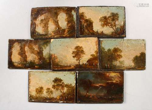 A GROUP OF SEVEN SMALL OIL PAINTINGS ON PANEL, probably from a collectors cabinet, each showing