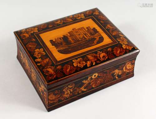 A SUPERB TUNBRIDGE WARE BOX AND COVER, the slightly domed top inlaid with 