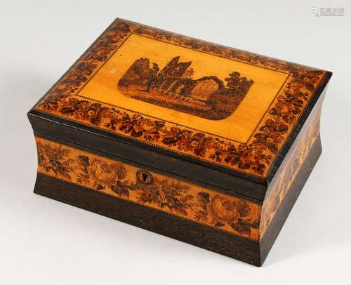 A GOOD TUNBRIDGE WARE SEWING CASE, the slightly domed top inlaid with Muckross Abbey, County