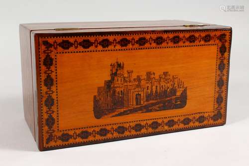 A GOOD TUNBRIDGE WARE TWO-DIVISION TEA CADDY, the top inlaid with Eridge Castle, Sussex, opening