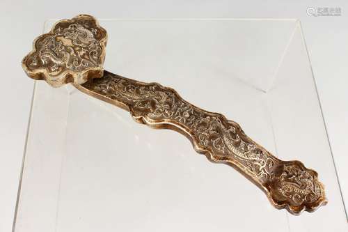 A LARGE CHINESE WHITE METAL RUYI SCEPTRE. 14ins long.