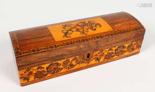 A TUNBRIDGE WARE DOME TOPPED LONG BOX, with hinged top inlaid with roses, roses to the sides. 8.5ins