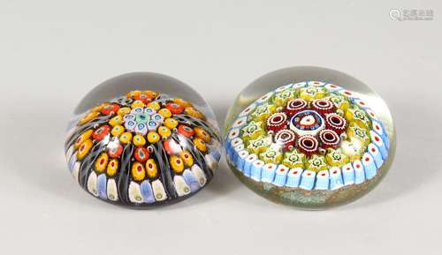 TWO GOOD MILLEFIORI GLASS PAPERWEIGHTS. 3.25ins and 3.5ins diameter.