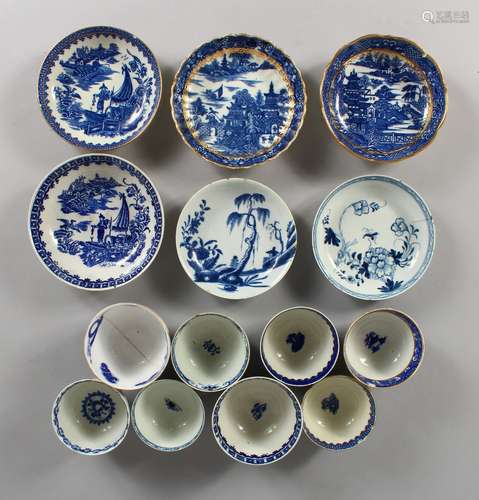 A SMALL COLLECTION OF 19TH CENTURY BLUE AND WHITE PORCELAIN TEA BOWLS AND SAUCERS.