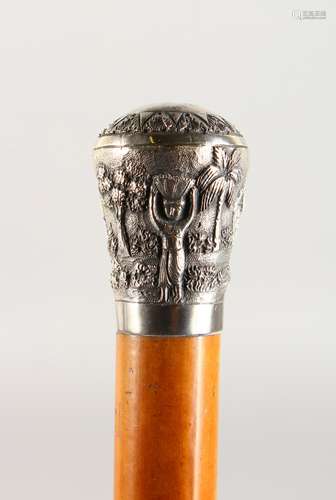 A MALACCA WALKING STICK, with embossed white metal top. 36ins long.