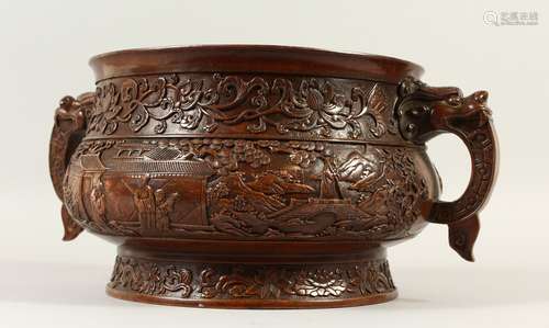 A GOOD LARGE BRONZE CENSER, with dragon handles, the body decorated with figures in a landscape