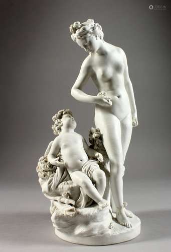 A 19TH CENTURY SEVRES WHITE BISCUIT GROUP OF 'LA LECON A L'AMOUR', the figure of Venus seated on a