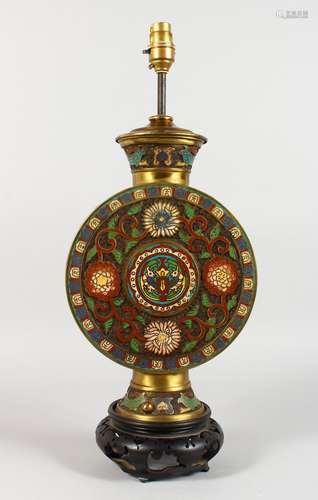 A GOOD CHINESE CLOISONNE CIRCULAR LAMP, on a wooden stand. 20ins high.