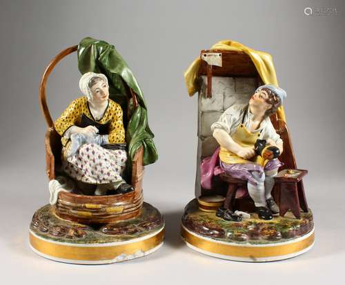 A MID-19TH CENTURY PAIR OF RUSSIAN PORCELAIN FIGURES, modelled as a shoe-mender and companion sock-